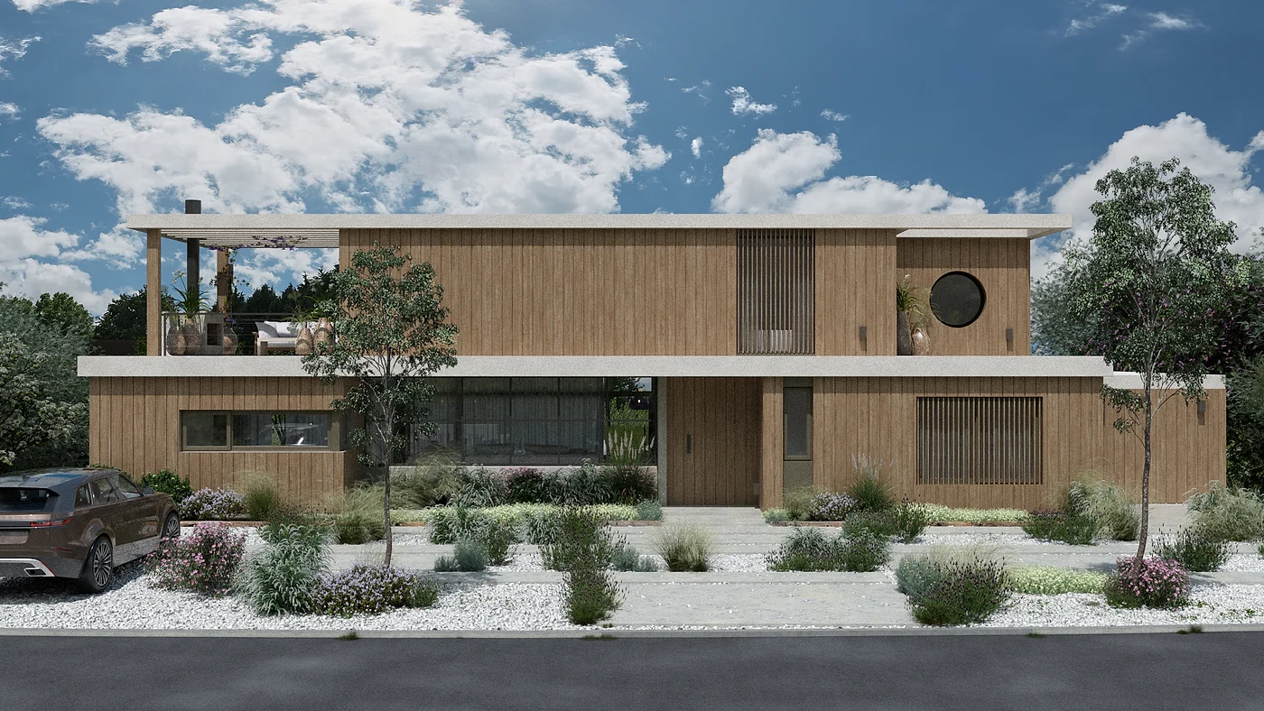 Arquitectura: fachada de Casa Agus & Tomi con volúmenes blancos y madera